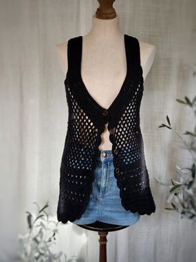 Black Crochet Vest Womens Button Front Open Knit 100% Cotton